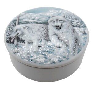 Snowy Winter Wolves Porcelain Round Trinket Dish S Designs Brewer Maine